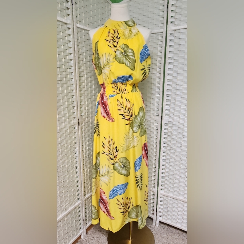 Yellow Tropical print Halter Maxi Dress, EUC, sz Large
